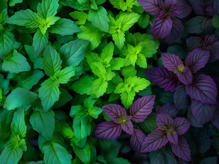 Vibrant green and purple basil plants in a controlled farming environment