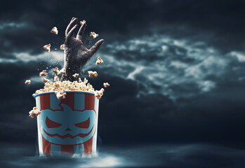 Zombie hand coming out of a popcorn bucket © stokkete