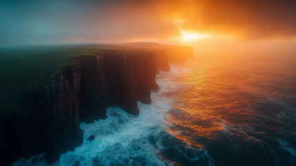 Orange hues of sunset illuminate cliffs and ocean under a dramatic, overcast sky, creating a serene and moody atmosphere