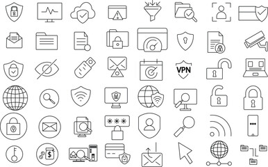 Digital Cyber Security and Internet Data Privacy icon set for logo and t-shirt. Thin line art editable stroke.