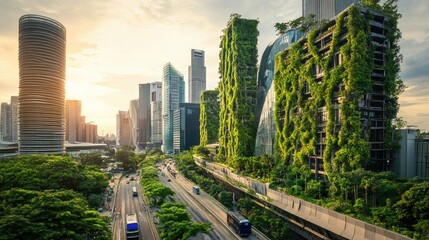 Modern cityscape with tall buildings covered in vertical greenery, symbolizing eco-friendly urban business practices.