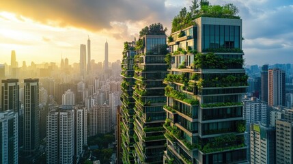 Obraz premium Modern urban skyline with skyscrapers featuring integrated greenery and sustainable architectural elements.