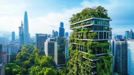 Obraz premium Modern urban skyline with skyscrapers featuring integrated greenery and sustainable architectural elements.