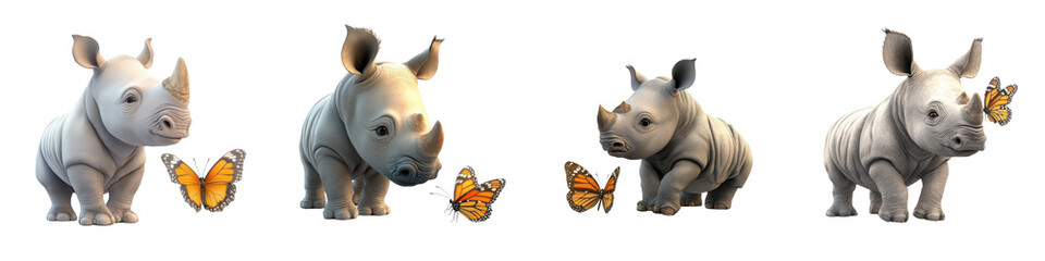 Fototapeta premium Whimsical and enchanting of a rhinoceros surrounded by colorful butterflies in a dreamlike fantastical landscape The scene depicts a harmonious