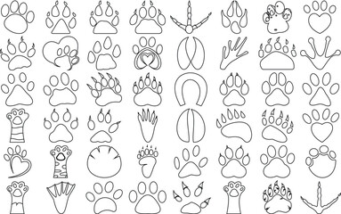 Paw Footprint set of cat, Dog, Muddy, Puppy, etc for logo and t-shirt. Thin line art editable stroke vector.