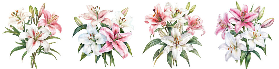Obraz premium Elegant Floral Bouquet with Pink and White Lilies and Roses in Bloom Arrangement Luxurious romantic and vibrant display of fresh spring or summer flowers in a natural botanical setting