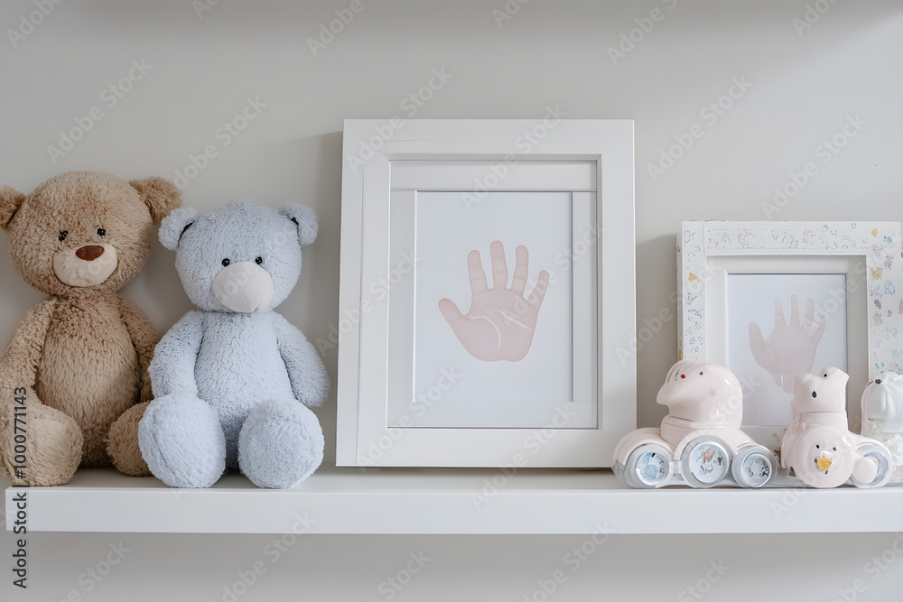 Wall mural  Baby nursery decor with framed handprint, teddy bears, and toy train, personalized keepsake display, soft and cozy ambiance, sentimental memory, cute baby room design inspiration