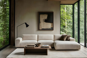 Fototapeta premium Modern living room with a cozy and comfortable sofa