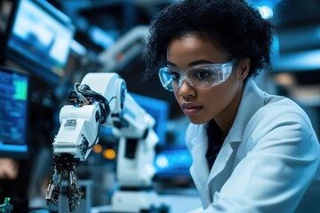 Focused scientist adjusting robotic arm in high-tech lab