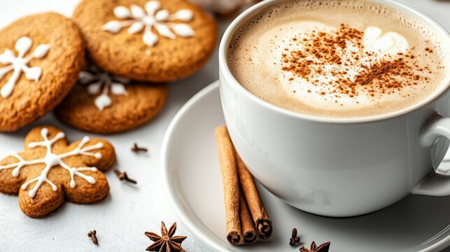 A chai latte served alongside homemade gingerbread cookies, with cinnamon sticks and cloves placed artistically on the side