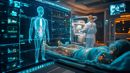 A woman is lying on a hospital bed with a monitor displaying her vital signs