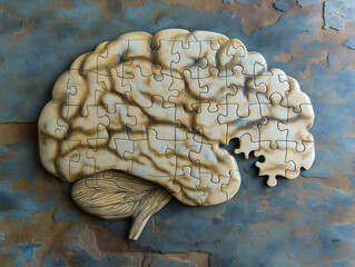Brain puzzle on textured background with missing pieces
