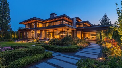Fototapeta premium A modern house illuminated at dusk, showcasing elegant architecture and landscaped gardens.