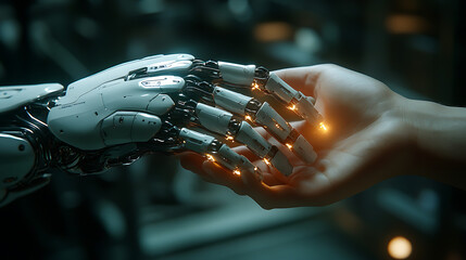 A robot hand is holding a human hand