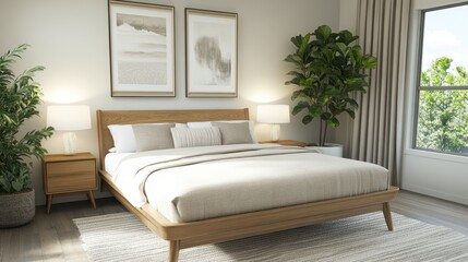 a minimalistic bedroom with a wooden bed frame, soft bedding, and lush green plants by large windows. Concept of natural, eco-friendly decor.