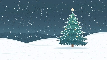 Cartoon Christmas illustration green Christmas tree on snow