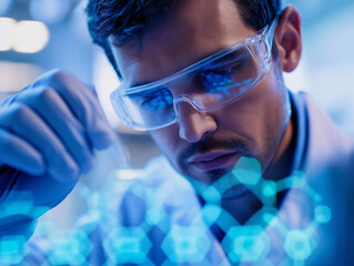 Scientist analyzing molecular structures with advanced holographic interface