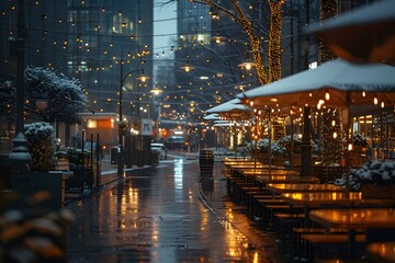 Fototapeta premium Winter Evening Urban Scene with Festive Holiday Lights and Snow-covered Outdoor Restaurant