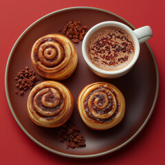 Fototapeta premium a warm cup of chocolate milk , cinnamon rolls on a plate, red background, top view