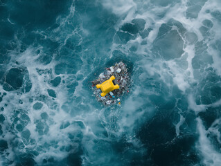 Aerial view of ocean waves surrounding debris with a yellow object