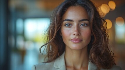 Obraz premium A woman with brown hair and a tan jacket is smiling at the camera