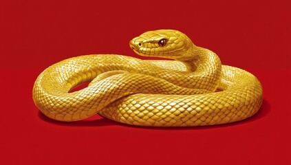 Fototapeta premium The golden snake lies gracefully on a striking red backdrop, showcasing its scales and distinct features in a vibrant artistic portrayal