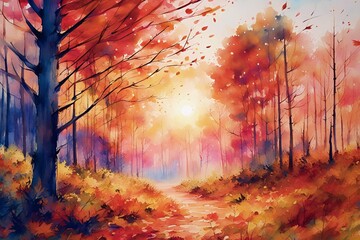 Naklejka premium Watercolor painting of an autumn wood at sunset