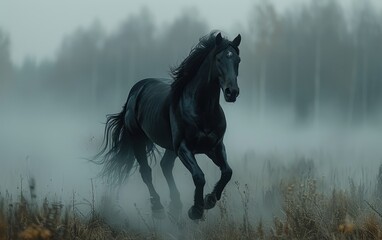 Obraz premium Black Horse Galloping Through Fog