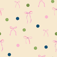 Tennis balls and bows seamless pattern. Preppy serve repeat background. Vector continuous surface design.