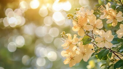 Delicate yellow flowers bloom on a branch as sunlight creates a warm, enchanting glow in the background, invoking a peaceful feeling