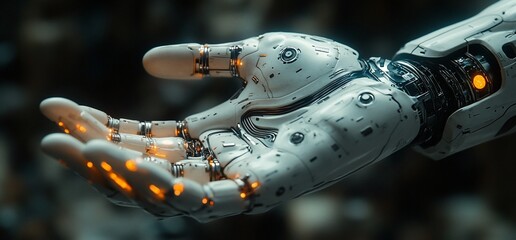 A close up of a robotic hand with glowing orange lights, with the palm open and facing the viewer.