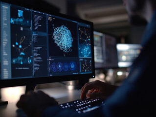 Data Scientist Analyzing Complex Networks on Monitors