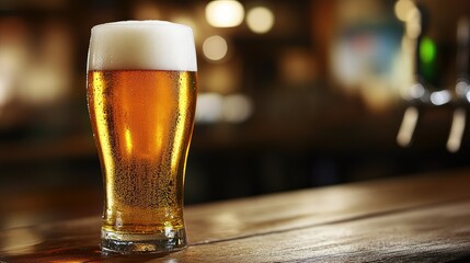A cold glass of beer in focus with a blurred background, space around for captions or messages.