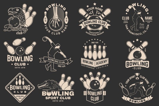 Set of Bowling sports club logo, badge design. Vintage design with athlete, bowling pins and skeleton hand with bowling ball, eagle, crocodile silhouette. Vector.