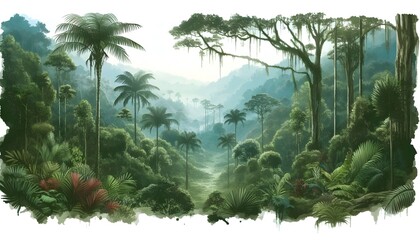 Illustration of a dense tropical rainforest with towering trees and lush greenery