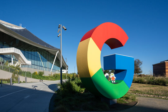 Mountain View, CA, USA - Nov 24, 2023: Giant G logo is seen at Google's new Bay View campus, an all-electric campus totaling 1.1 million square at its headquarters in Mountain View, California.