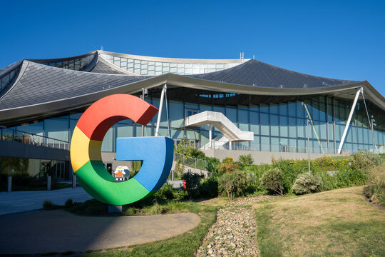 Mountain View, CA, USA - Nov 24, 2023: Giant G logo is seen at Google's new Bay View campus, an all-electric campus totaling 1.1 million square at its headquarters in Mountain View, California.