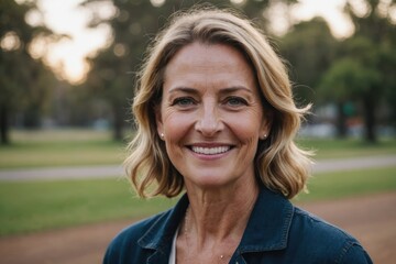 Close portrait of a smiling 40s Australian woman looking at the camera, Australian outdoors blurred background