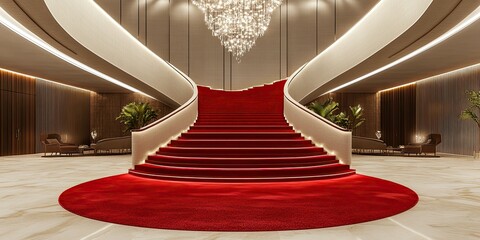 luxury red curve stairs in a modern hotel reception lobby with elegant ornaments and luxury chandelier 
