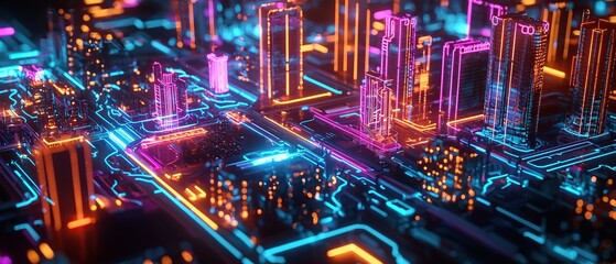 Obraz premium Futuristic city with glowing neon lights and intricate circuitry.