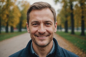 Close portrait of a smiling 40s Belarusian man looking at the camera, Belarusian outdoors blurred background