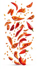 Sliced Red Chili Peppers with Seeds Floating on White Background Generative AI