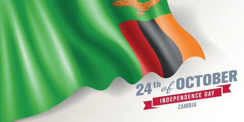 Naklejka premium Zambia independence day vector banner, greeting card. Zambian wavy flag in 24th of October national patriotic holiday horizontal design
