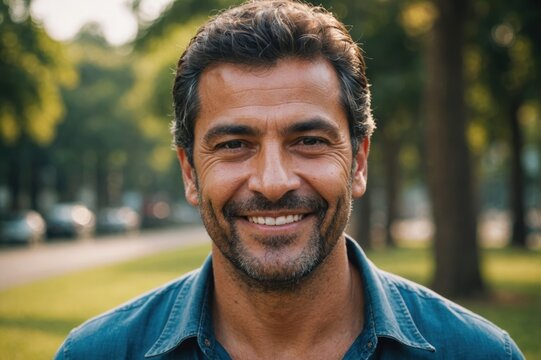 Close portrait of a smiling 40s Brazilian man looking at the camera, Brazilian outdoors blurred background