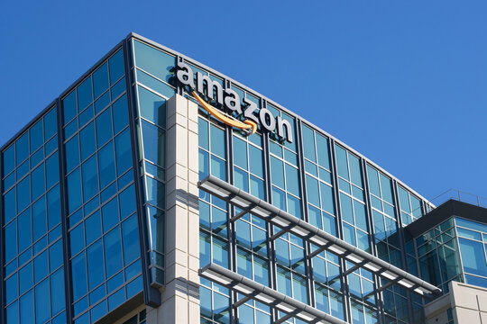 Sunnyvale, CA, USA - Nov 24, 2023: Amazon logo is seen at its Sunnyvale office in the Silicon Valley in California. Amazon.com, Inc. is an American multinational technology company.