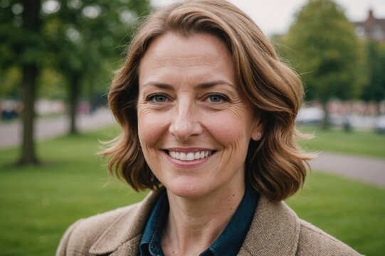 Close portrait of a smiling 40s British woman looking at the camera, British outdoors blurred background