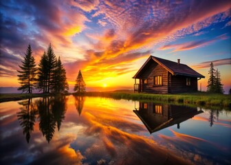 Fototapeta premium A peaceful cabin silhouette rests against a vivid sunset, embodying serenity and the harmonious embrace of nature’s