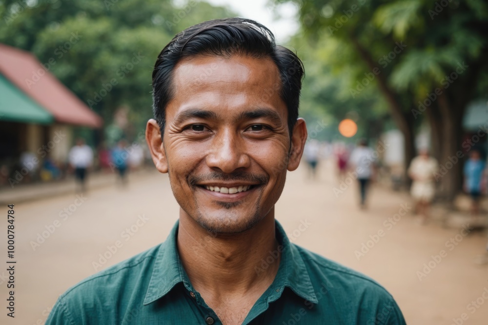 Wall mural close portrait of a smiling 40s burmese man looking at the camera, burmese outdoors blurred backgrou