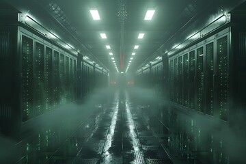 Misty Green Data Center - Futuristic Server Room with Atmospheric Lighting