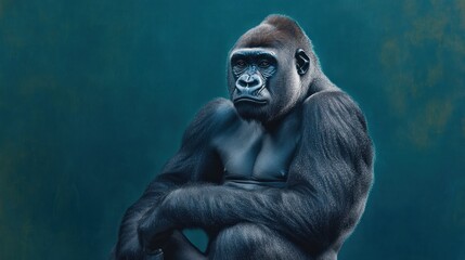 Obraz premium A close-up of a gorilla with a serious expression against a blue background.